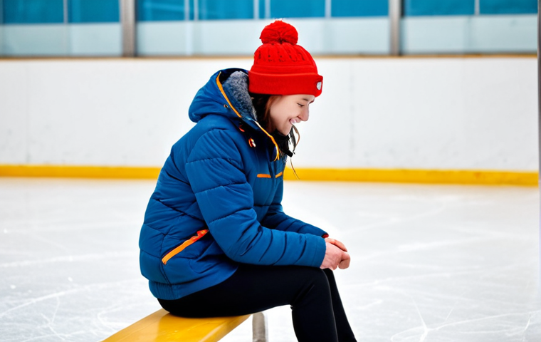 Ice Skater Lacing Up Skates**
"A young adult ice skater, fully clothed in warm, sporty winter apparel suitable for ice skating - leggings, a fleece jacket, and a beanie, sitting on a bench in a well-maintained indoor ice rink. They are carefully lacing up their ice skates. The skates are modern recreational skates. The background shows other skaters enjoying the ice. safe for work, appropriate content, professional quality, perfect anatomy, correct proportions, natural pose, well-formed hands, proper finger count, modest clothing."
**