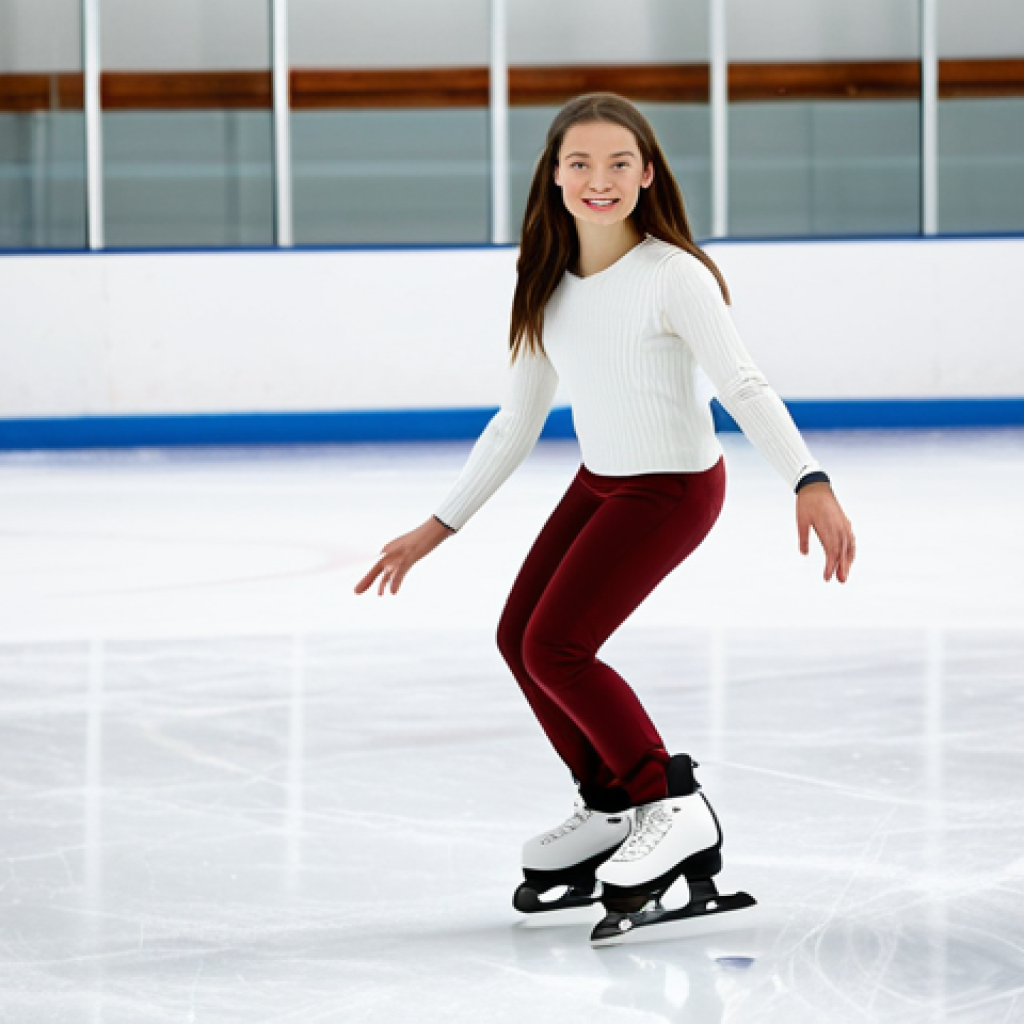 "A young woman in a fully clothed recreational skating outfit, gracefully gliding on an indoor ice rink, appropriate attire, safe for work, perfect anatomy, natural proportions, well-formed hands, proper finger count, professional photography, high quality, family-friendly."