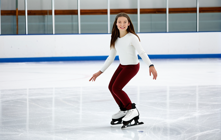 "A young woman in a fully clothed recreational skating outfit, gracefully gliding on an indoor ice rink, appropriate attire, safe for work, perfect anatomy, natural proportions, well-formed hands, proper finger count, professional photography, high quality, family-friendly."