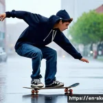 스케이트 우천 시 주의점 - **Prompt 1: The Unexpected Slide**
    Create an image of a skateboarder mid-movement on a slightly ...