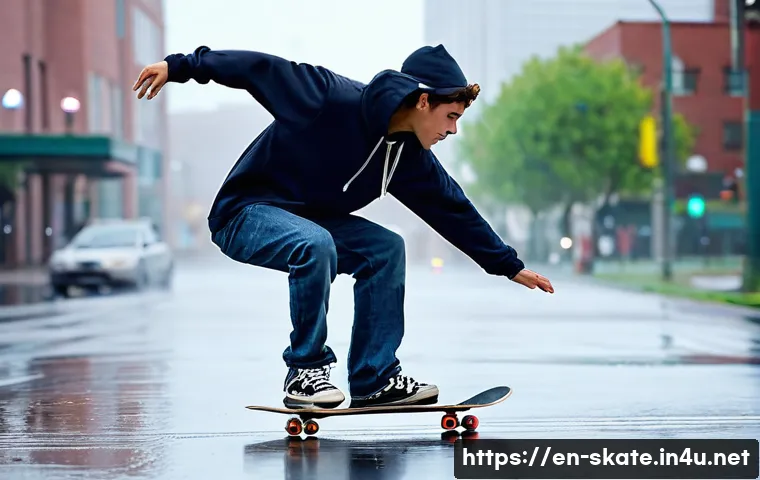 스케이트 우천 시 주의점 - **Prompt 1: The Unexpected Slide**
    Create an image of a skateboarder mid-movement on a slightly ...