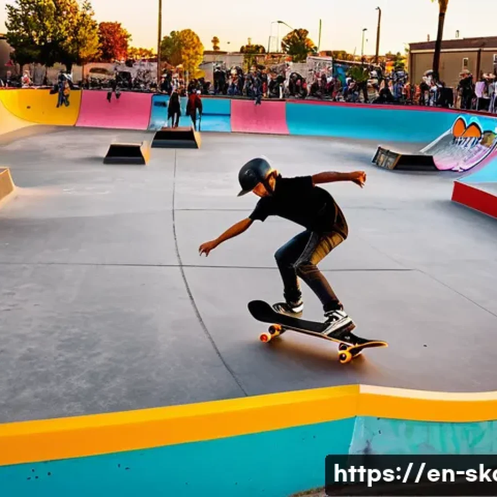 스케이트 역사와 문화 - A vibrant urban skatepark scene at sunset, featuring diverse young skaters performing tricks like ol...