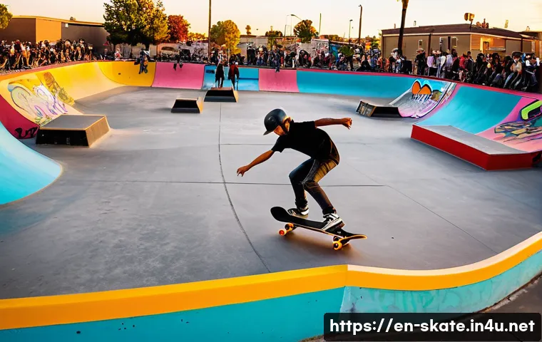스케이트 역사와 문화 - A vibrant urban skatepark scene at sunset, featuring diverse young skaters performing tricks like ol...