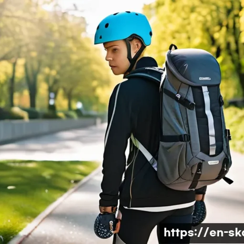 스케이트 여행 장비 팁 - A close-up scene of a confident inline skater wearing a sleek, adjustable helmet with ample ventilat...