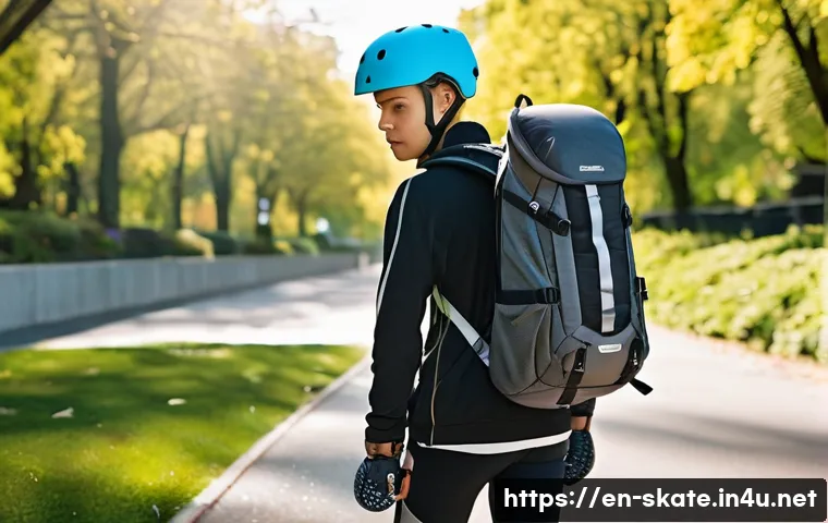 스케이트 여행 장비 팁 - A close-up scene of a confident inline skater wearing a sleek, adjustable helmet with ample ventilat...