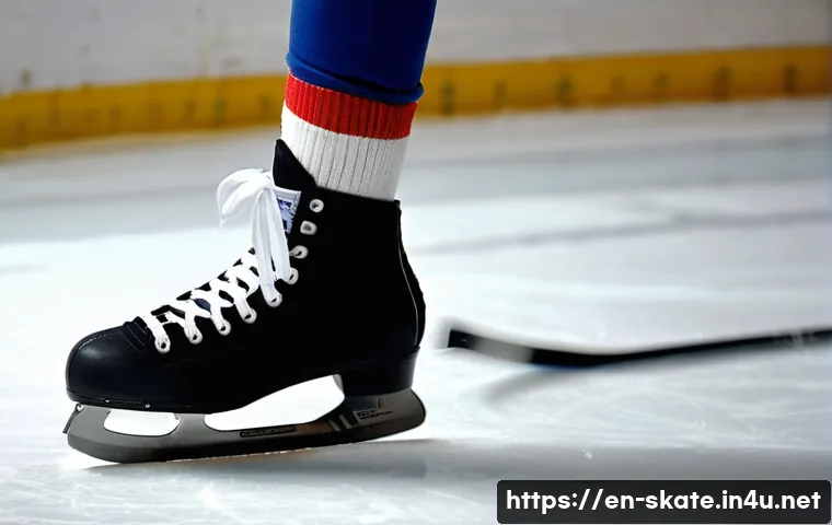 스케이트 착용법 - A detailed close-up of a person trying on ice hockey skates indoors, wearing thick wool socks, fully...