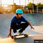 스케이트 기술 종류 - A young skateboarder practicing balance and stance in an urban skatepark during golden hour, wearing...