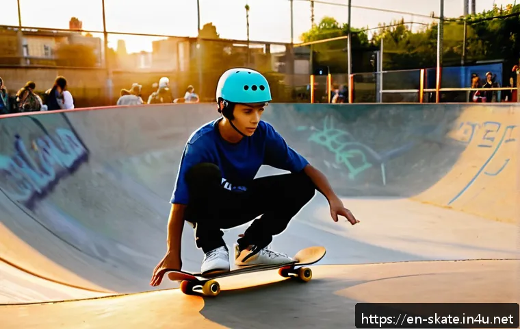 스케이트 기술 종류 - A young skateboarder practicing balance and stance in an urban skatepark during golden hour, wearing...