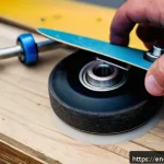 스케이트 베어링 관리 요령 - A close-up detailed shot of a skateboard wheel being disassembled to reveal its bearing components, ...