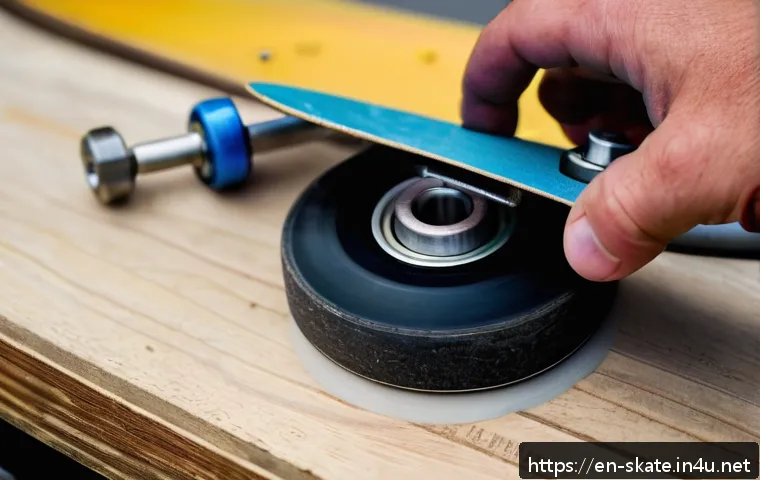 스케이트 베어링 관리 요령 - A close-up detailed shot of a skateboard wheel being disassembled to reveal its bearing components, ...