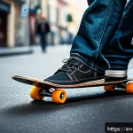 스케이트 시즌별 인기 모델 - A dynamic street skateboarding scene featuring a skateboard with an