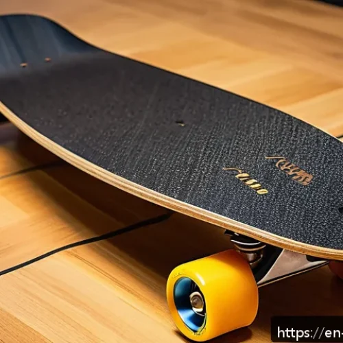 스케이트 관련 박람회 - A sleek professional skateboard deck made from a carbon fiber composite and bamboo layers, displayed...