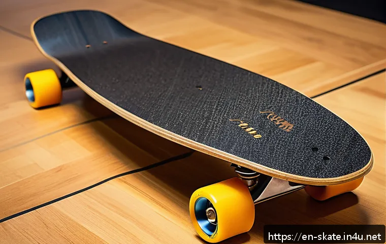스케이트 관련 박람회 - A sleek professional skateboard deck made from a carbon fiber composite and bamboo layers, displayed...