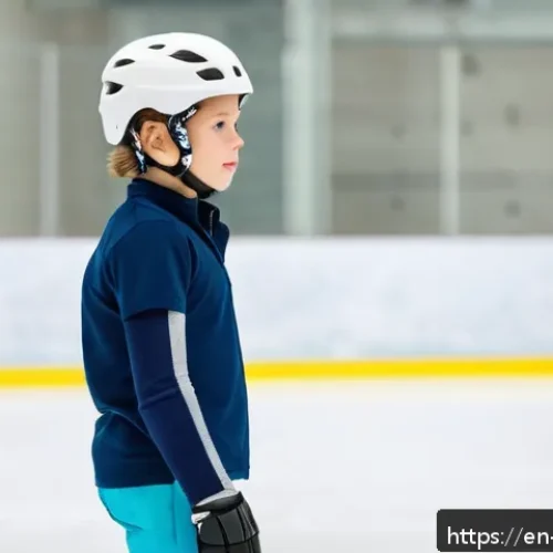 스케이트 경험담 공유 - A beginner ice skater standing cautiously on a smooth indoor rink, wearing well-fitted ice skates, a...