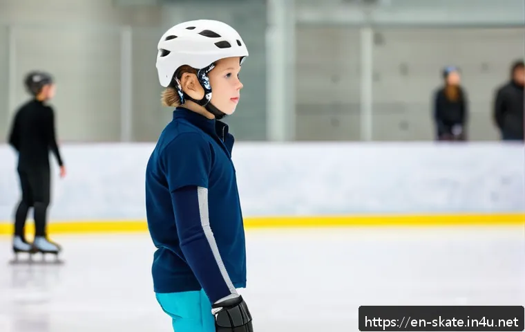스케이트 경험담 공유 - A beginner ice skater standing cautiously on a smooth indoor rink, wearing well-fitted ice skates, a...