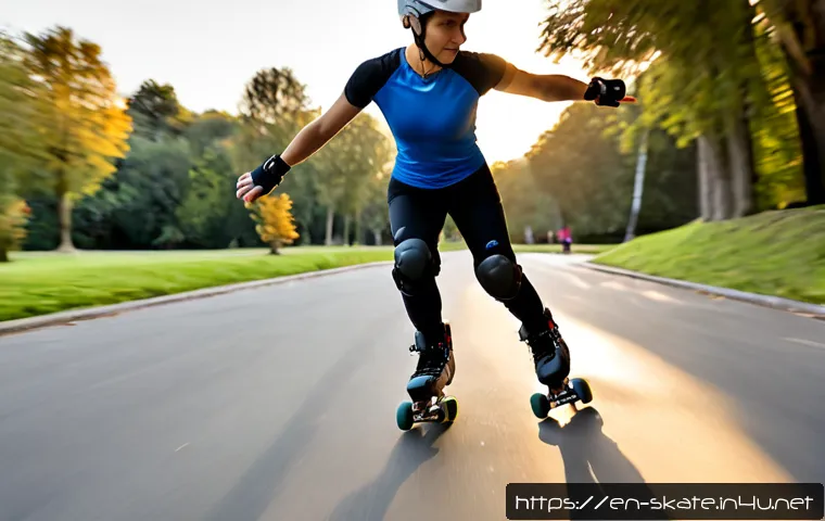 스케이트로 칼로리 소모하기 - Photorealistic fitness lifestyle scene of an adult inline skater gliding along a smooth riverside pa...