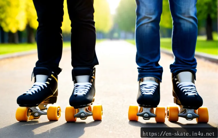 인라인 스케이트와 롤러 스케이트 차이점 - Photorealistic side-by-side outdoor comparison on a smooth park path: one adult wearing inline skate...