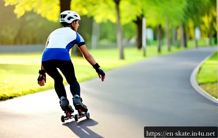 스케이트의 운동 효과 분석 - Photorealistic fitness lifestyle scene of an adult inline skater gliding along a smooth paved park p...